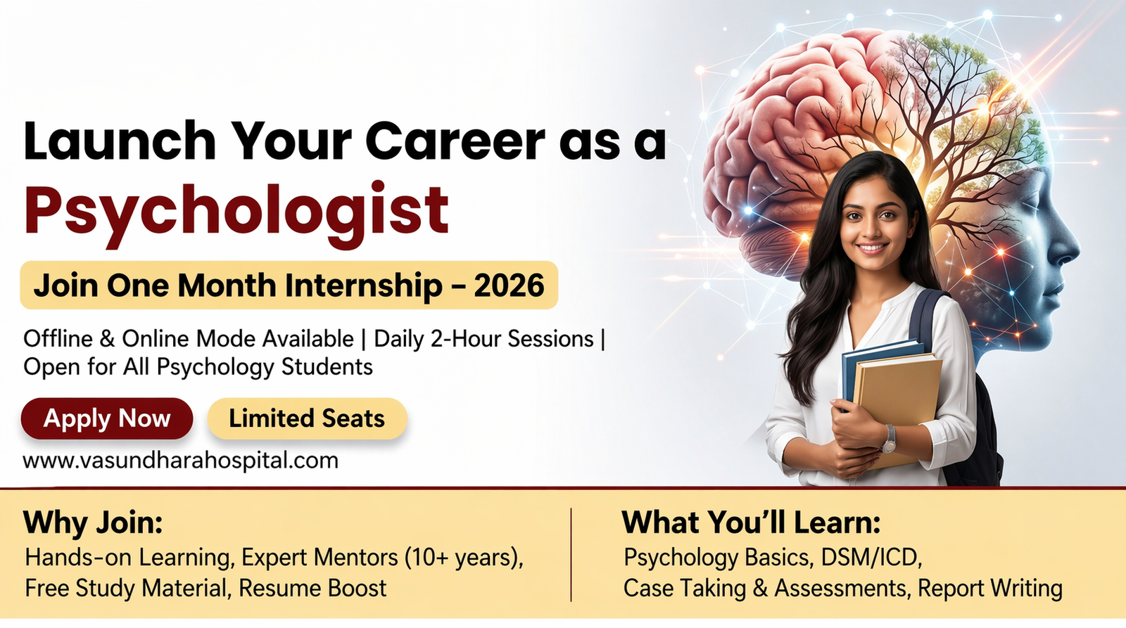 Promotional banner: smiling student with books beside a brain illustration, advertising a psychology internship.