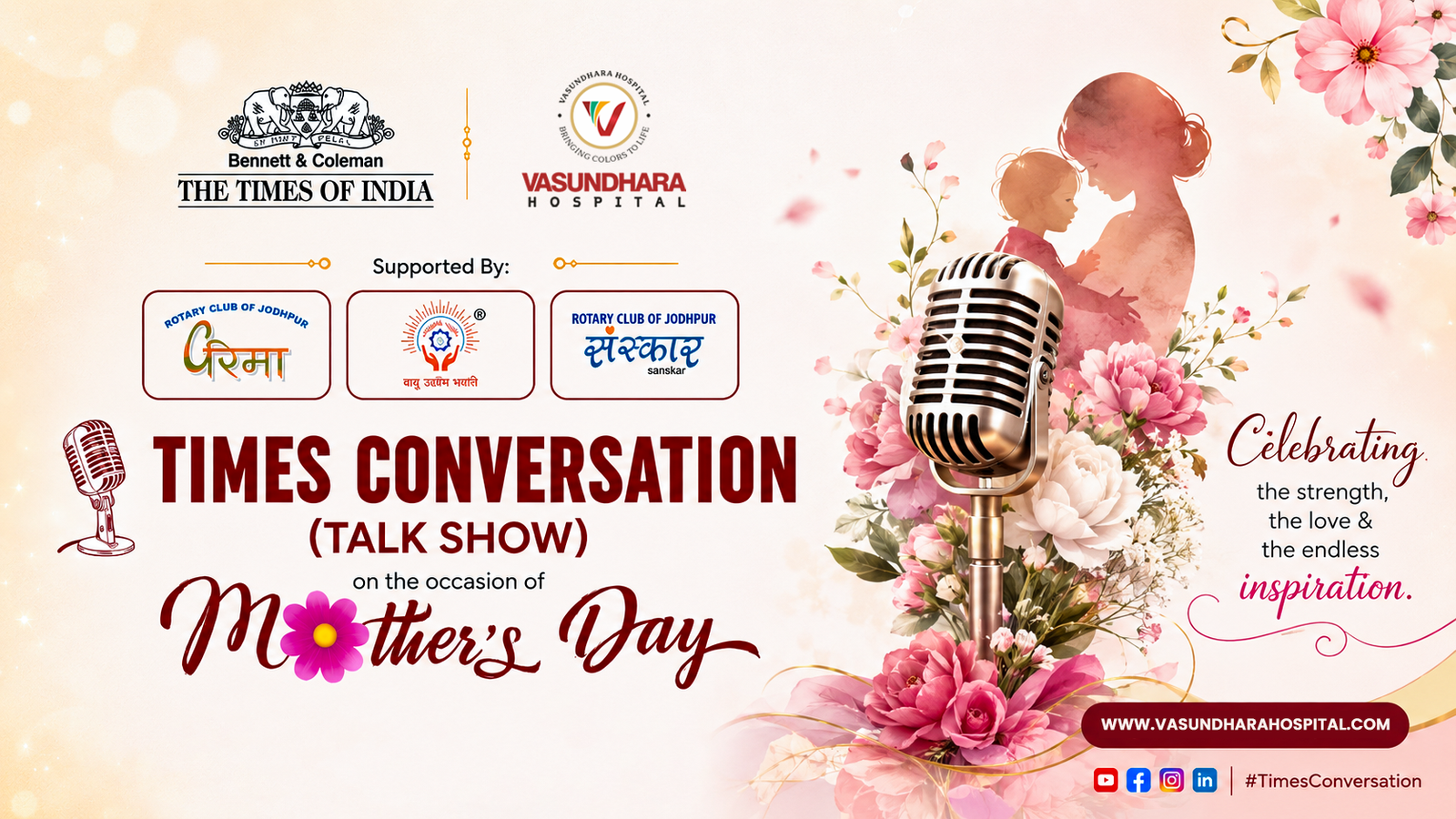 Banner for Times Conversation talk show celebrating Mother's Day with a vintage microphone among pink flowers and script text.